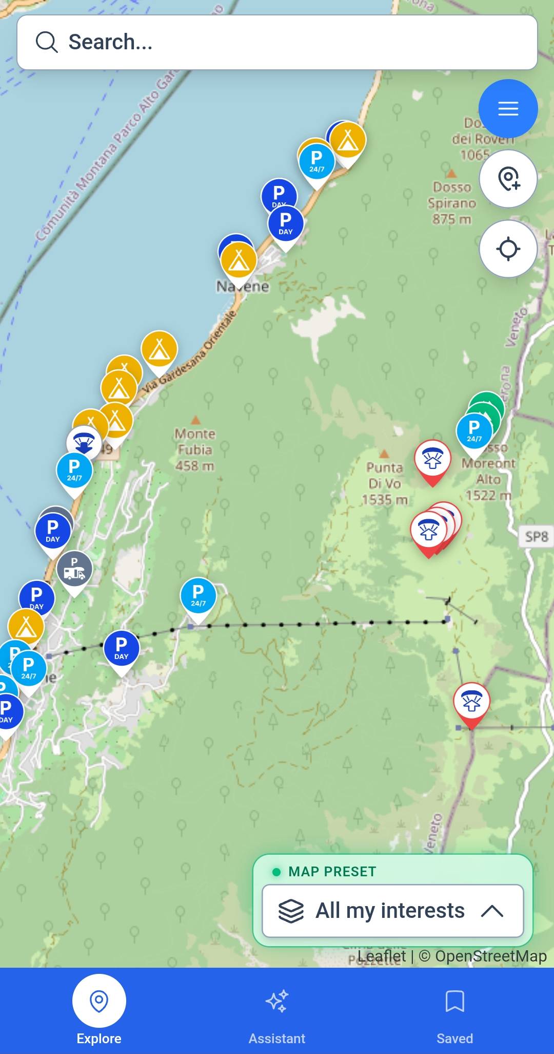 XCmap mobile explore map with parking, flying, and sport POIs around Lake Garda