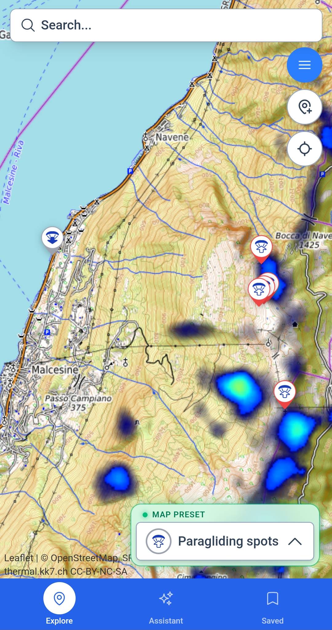 XCmap mobile map with paragliding spots and thermal overlay near Malcesine