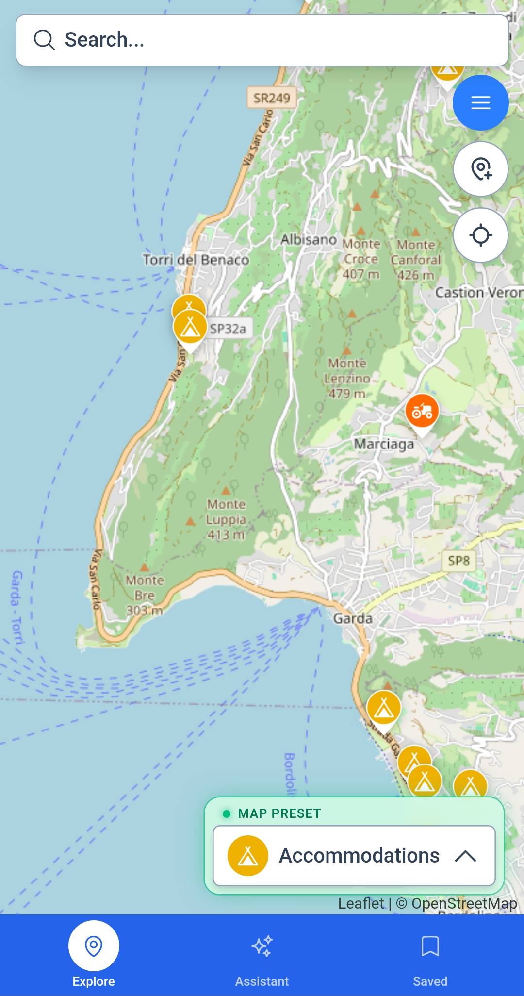 XCmap mobile map filtered to accommodations and camping near Lake Garda