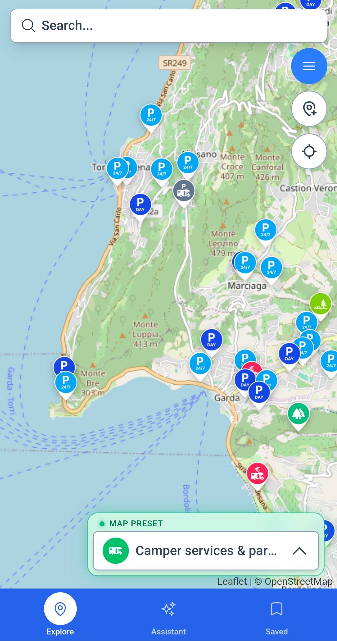 XCmap mobile map showing camper services and parking around Lake Garda