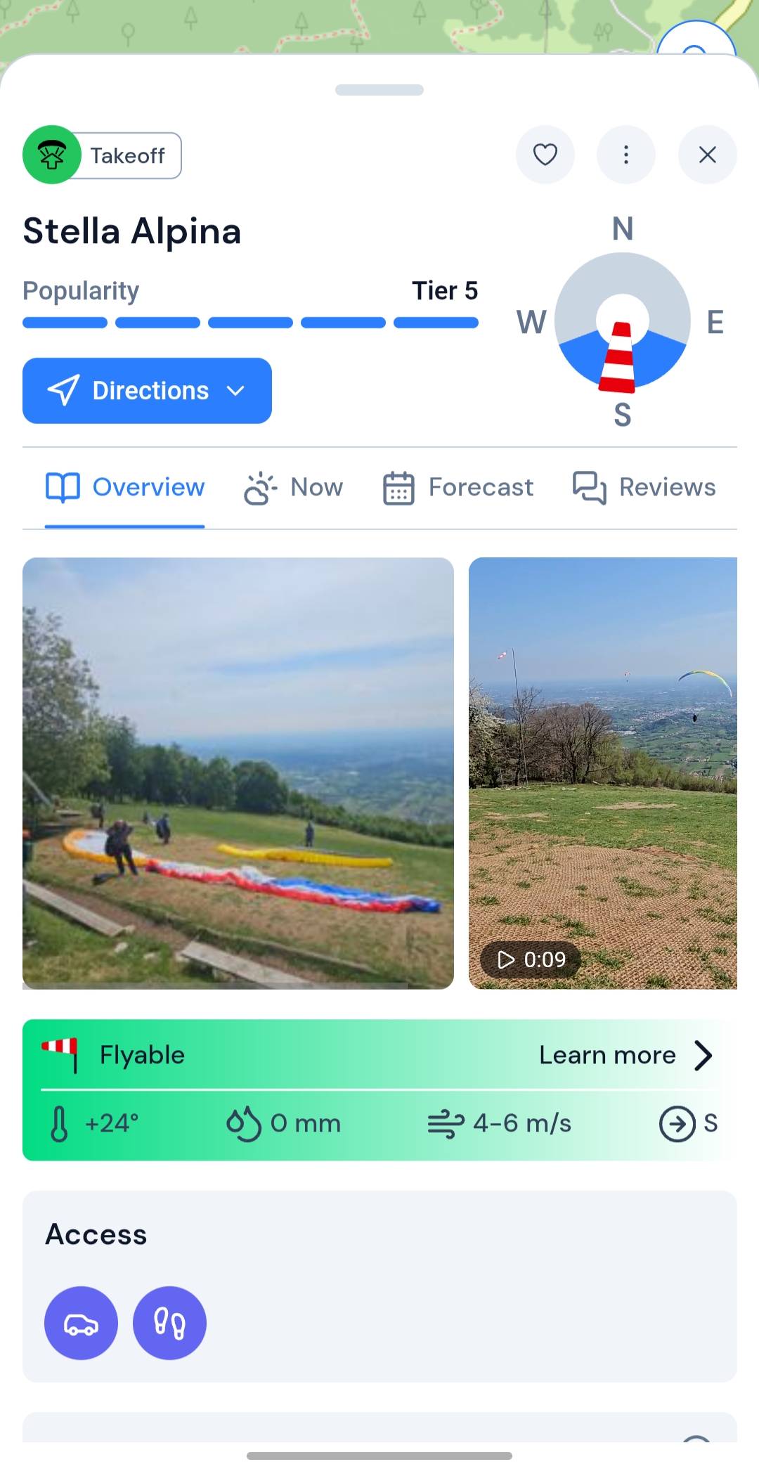 XCmap mobile paragliding Overview tab — photos, flyability banner, and access at Stella Alpina