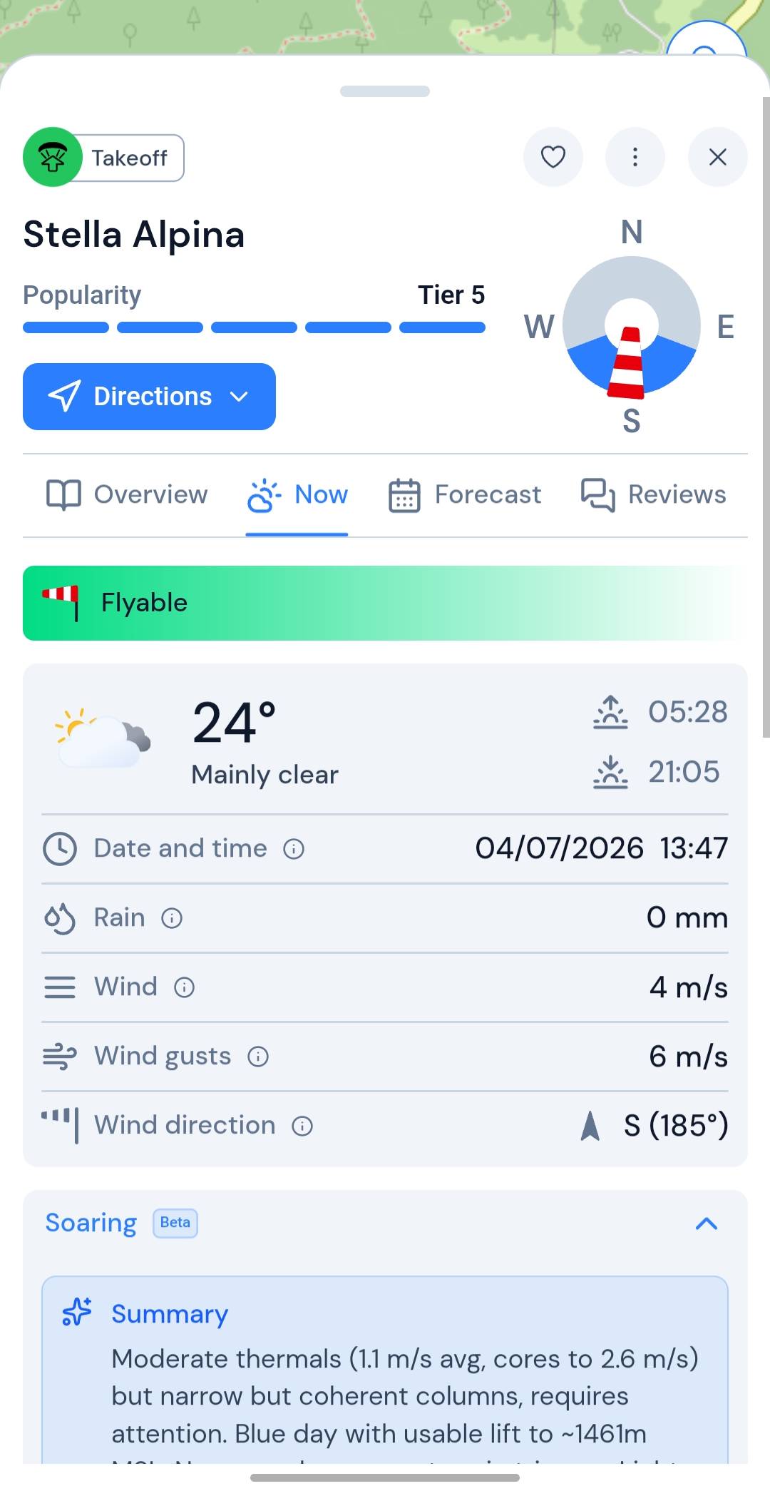 XCmap mobile paragliding Now tab — live weather, soaring summary, and flyability at Stella Alpina
