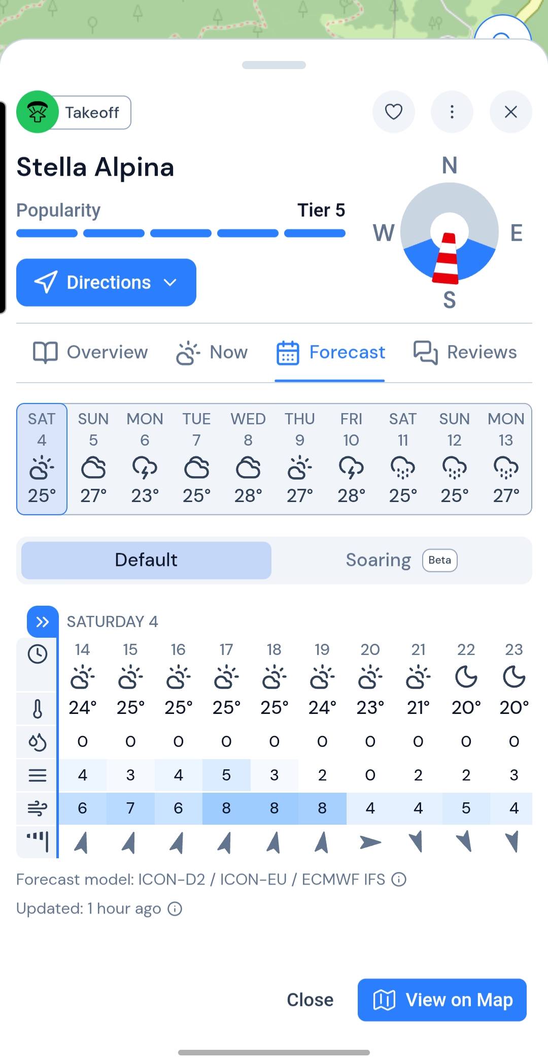 XCmap mobile paragliding Forecast tab — 10-day outlook and default hourly weather