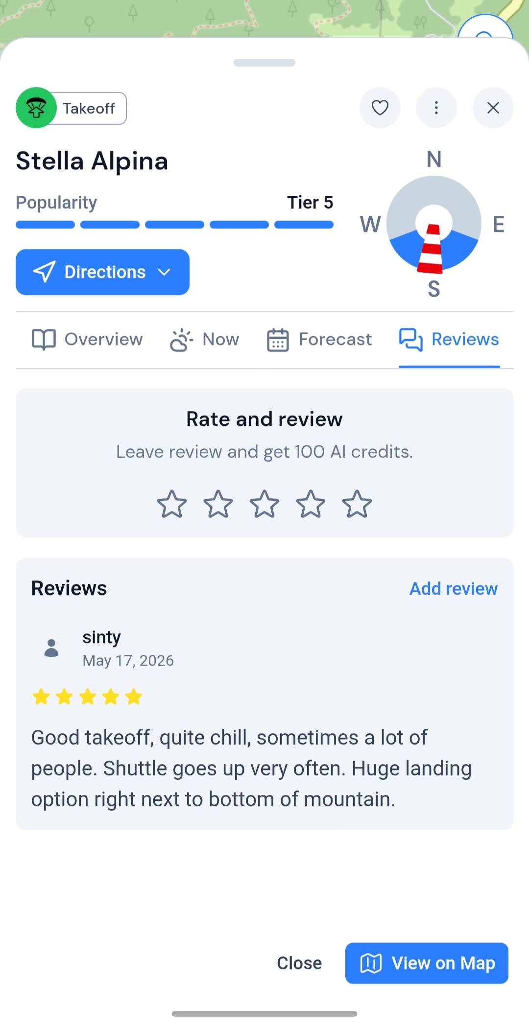 XCmap mobile paragliding Reviews tab — pilot ratings and reviews at Stella Alpina