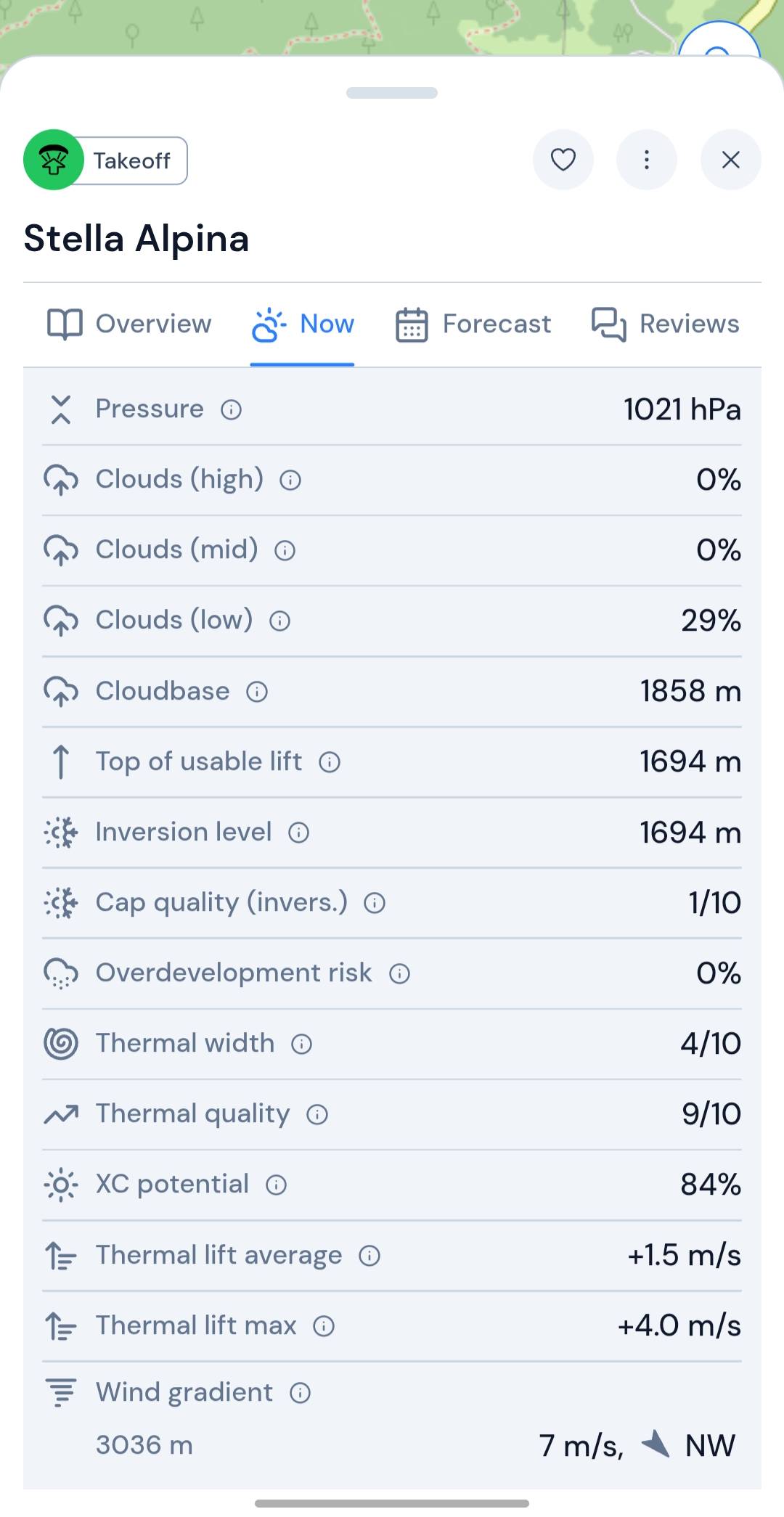 XCmap mobile paragliding Now tab — pressure, clouds, thermals, XC potential, and wind gradient